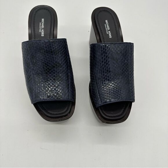 Michael Kors Collection $475 Jane Blue Leather Platform Wedge Shoes - Picture 2 of 14